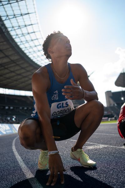 Jordan Gordon (OTB Osnabrueck) gewinnt Silber ueber 400m Huerden waehrend der deutschen Leichtathletik-Meisterschaften im Olympiastadion am 26.06.2022 in Berlin